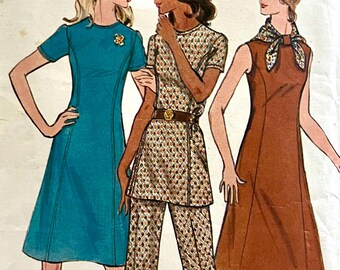 Complete 1970's Butterick 6582 misses' princess-seamed dress or tunic, sleeveless or short set-in sleeves, pull on pants; size 14, bust 36".