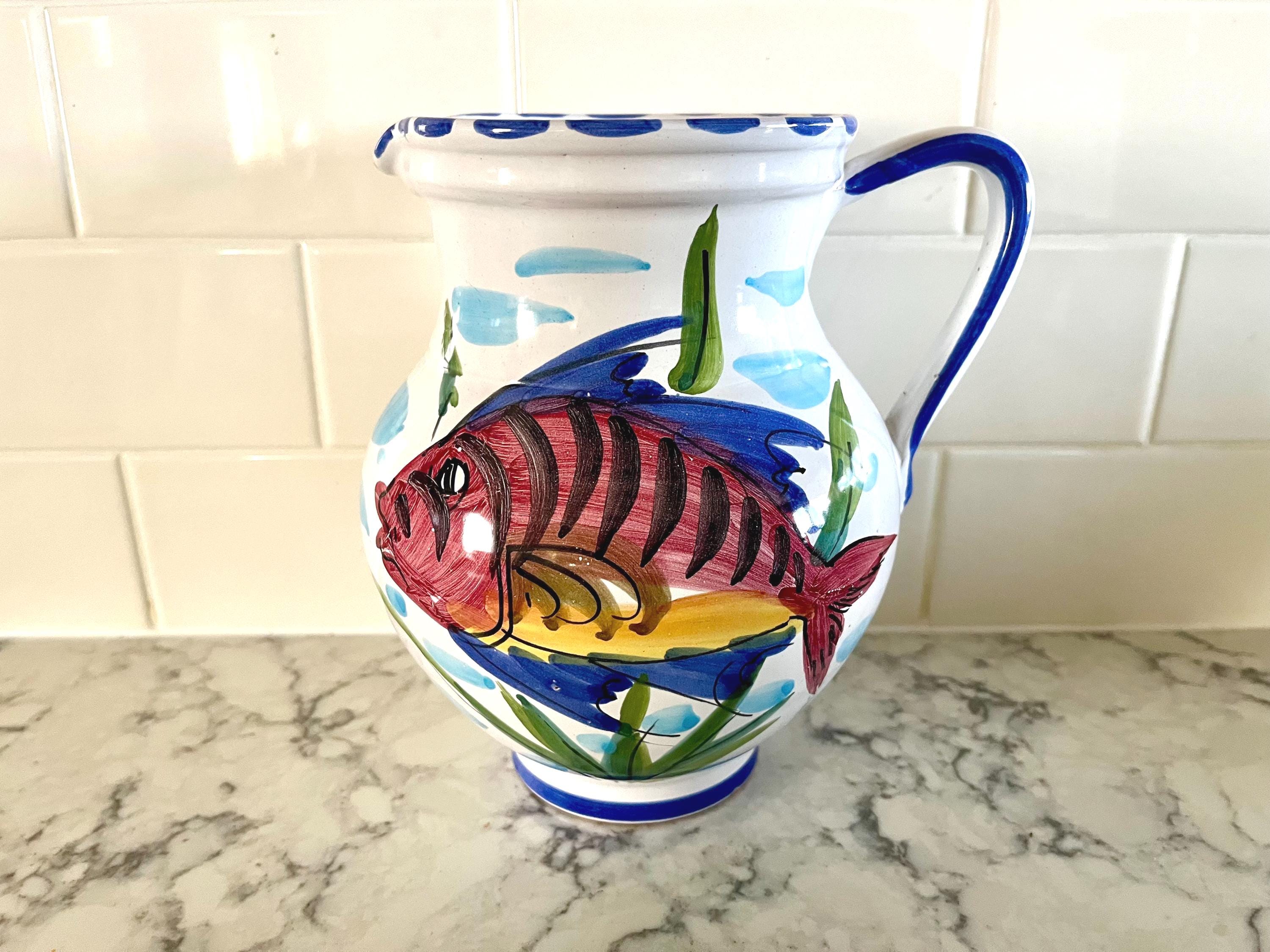 Italian Hand-painted Pitcher by Vietri, Fish on One Side, Seaweed