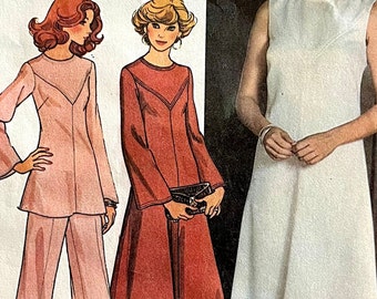 Complete 1976 McCall's 5345 misses' "pounds thinner" shaped yoke dress in 2 lengths, tunic and wide-leg pants; size 16, bust 38", waist 30".