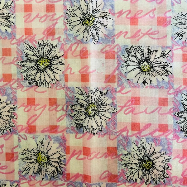 45" wide x 2 yards 29" long cotton or cotton blend shirting weight fabric, pink and white checks, French cursive, black outline flowers.