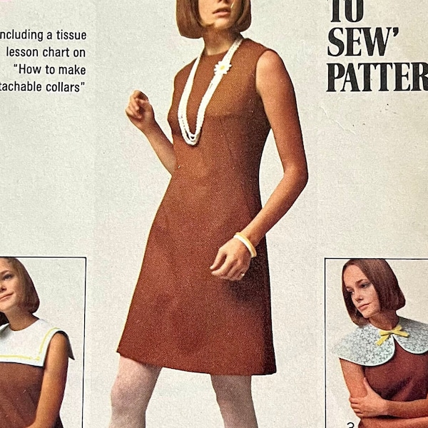 Complete 1968 Simplicity 8060 misses'  how to sew sleeveless and collarless dress, back zipper and 4 detachable collars; size 16, bust 38".