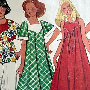 May include: A vintage sewing pattern illustration featuring four outfits: a floral print top with white pants, a green and white plaid dress with short sleeves, a solid red sleeveless dress with rope ties, and a floral print top with white shorts.