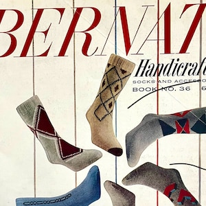 May include: A vintage book cover for "Bernat Handcrafter Socks and Accessories, Book No. 36, 60 cents". The cover features a white background with red stripes and a collection of colorful socks.