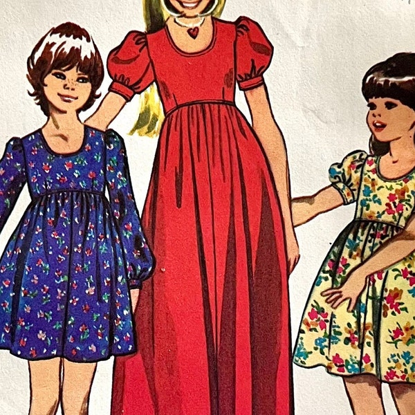 UNCUT 1972 Simplicity 5386 girl's scoop neck dress in 2 lengths with short or long puffy cuffed sleeves, back zipper; size 10, breast 28.5".