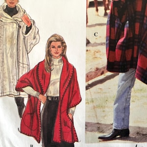 May include: A sewing pattern illustration featuring three outerwear garments: a white hooded coat labeled A, a red wrap with black stitching labeled B, and a red and black plaid poncho labeled C, all shown on figures with various clothing.