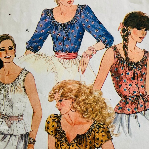 Complete 1982 McCall's 8006 misses' fitted buttons-front tops with gathered neckline and sleeveless or sleeve options, size 10, bust 32.5"