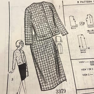 May include: Vintage sewing pattern illustration of a two-piece suit with a jacket and skirt. The jacket has a button-down front and long sleeves. The skirt is a pencil skirt. The pattern includes diagrams and instructions. The number 3379 is visible.