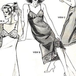 May include: Illustration of three different lingerie designs. View A shows a white slip with a lace bodice. View B depicts a dark slip with floral lace trim. View C presents a slip with a lace hem. All designs have thin straps.