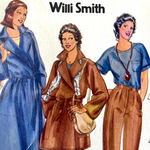 May include: A Willi Smith sewing pattern envelope featuring illustrations of three outfits: a long blue trench coat, a brown belted coat with a scarf, and a blue short-sleeved top paired with brown trousers. Includes line drawings of the back view.