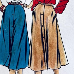 Può includere: Un'illustrazione di moda che mostra due gonne. Una è una gonna a trapezio blu tinta unita con abbottonatura frontale e cintura scura. L'altra è una gonna a trapezio color cuoio con abbottonatura frontale abbinata. Entrambe arrivano a metà polpaccio.