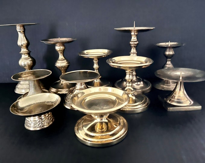 Vintage Solid Brass Pillar Candle Holders, Some With Center Spikes