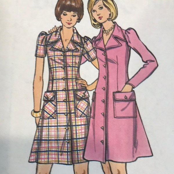 UNCUT 1960's Butterick 3011 misses' dress pattern, button front, wide lapels, patch pockets with flaps, above the knee; size 14, bust 36"