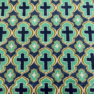 42.5&quot; wide x 3 yards long panel with wide selvedges on all sides, blue cross in turquoise and olive middle eastern medallion print, cotton.