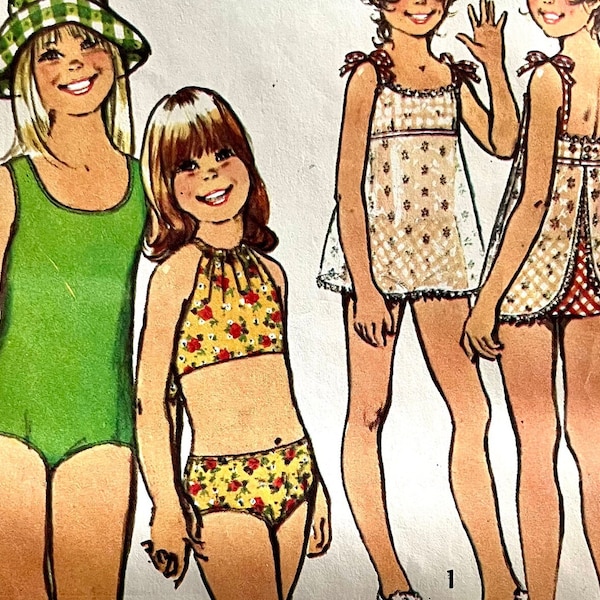 UNCUT 1973 Simplicity 5600 girl's one-piece bathing suit, halter two-piece bathing suit, apron front tankini; girl's size 10, breast 28.5".