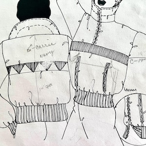 May include: A black and white fashion sketch of a jacket with a high collar, a front zipper, and a ribbed hem. The drawing includes handwritten notes such as 5-inch, 14-inch, and 19-inch measurements, along with the text labels Carrie, Navy, and Adam.