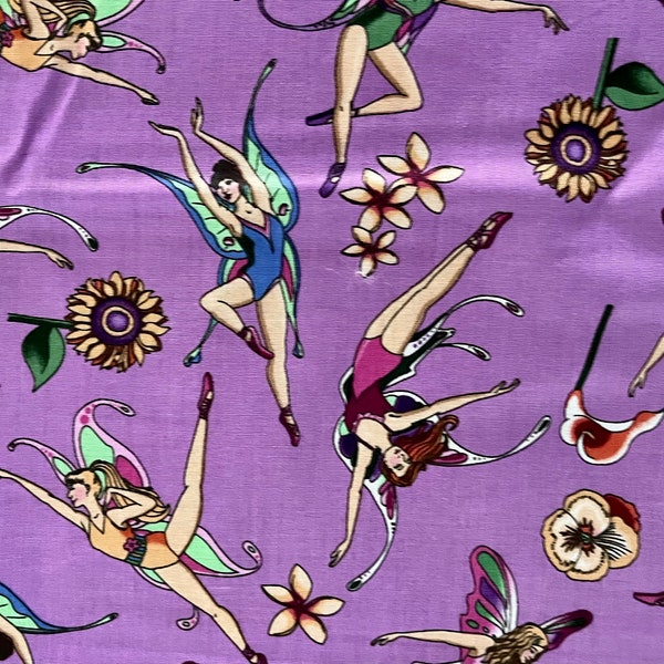 43" wide s 1.5 yards long "Fairy Flair" fabric in orchid background, green, blue, magenta, orange and pink fairies, excellent condition.