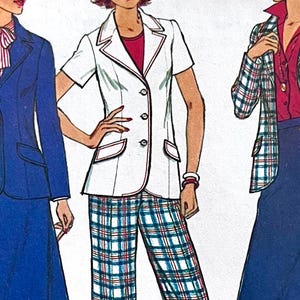 May include: Illustration of three vintage fashion ensembles. The first features a blue skirt suit with a matching blazer. The second outfit includes a white short-sleeved blazer with plaid trousers. The third ensemble is a plaid blazer with a blue skirt.
