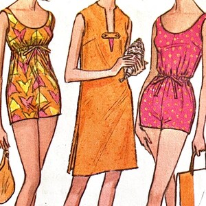 May include: Three sleeveless dresses with different patterns. The dress on the left has a geometric pattern in shades of orange, yellow, and pink. The dress in the middle is a solid orange color. The dress on the right has a pink background with white polka dots.