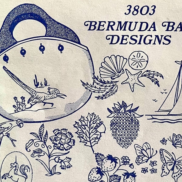 UNCUT vintage Aunt Martha's 3803 hot iron embroidery transfer 'Bermuda Bag Designs', fruits, florals, insects, birds, seashells, more!