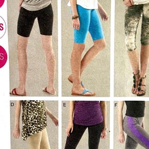 May include: A sewing pattern showing different styles of knit shorts and leggings. The image displays black shorts, blue shorts, and patterned leggings. The text "KNITS" and "PLUS" are visible. The pattern includes a variety of colours and designs.