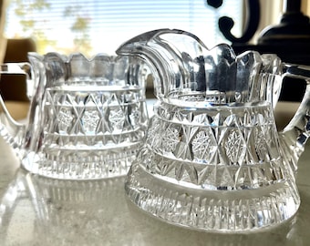 Antique Hawkes American Brilliant cut glass creamer and sugar set, signed on bottom, heavy crystal, some small chips, just gorgeous.