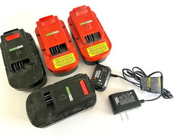 Set of 4 used but working Black & Decker rechargeable battery packs and charger, all 18V, 2 HPB18, 2HPB10-OPE. Selling as a set of 5 items.