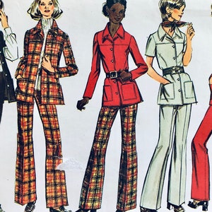 May include: Five women's fashion illustrations showing different styles of pantsuits. The pantsuits are in various colors and patterns, including plaid, red, and white. The women are all wearing different hairstyles and accessories.