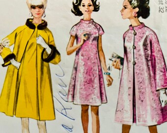 Mod 60's Simplicity 6783 Misses' A-Line Raglan Sleeved Dress Or Sleeveless  With Cut In Shoulders Jewel Neck Bust 34 Or Stand Up Collar