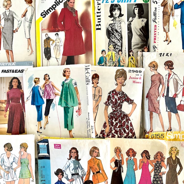 UNCUT/complete set of 12 vintage sewing patterns for women from the 50's-90's, all gone through for completeness, all in great condition.