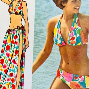UNCUT 1973 Simplicity 5644 mist super Jiffy halter bikinitop, bikinibroekje en wikkel- en dasrok coverup; maat M (12-14), buste 34-36&quot;