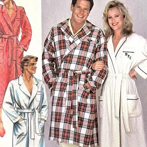 May include: Image of a vintage fashion illustration featuring several bathrobes. A man wears a plaid robe, a woman wears a white robe with black trim, and two figures are shown in red and blue robes. All robes have belts.