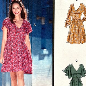 Pode incluir: Um padrão de costura para um vestido com três estilos diferentes. O primeiro estilo é um vestido vermelho floral com mangas curtas e decote em V. O segundo estilo é um vestido amarelo floral com mangas compridas e decote em V. O terceiro estilo é um vestido verde com mangas curtas e decote em V.