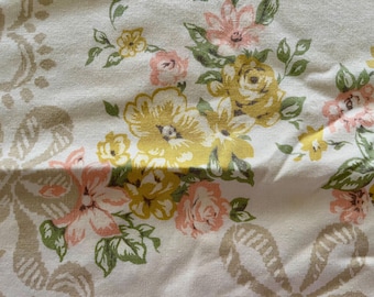 Full-sized flat sheet by JC Penny, sunshine yellow with florals, 50/50 cotton polyester, very small faint marks on flat sheet, great shape.