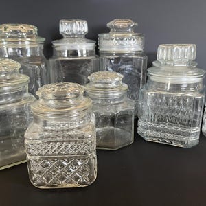 Vintage Koetze and Anchor Hocking pressed glass canisters, different patterns & lids, with or w/o plastic gaskets, excellent shape.