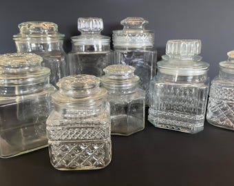 Vintage Koetze and Anchor Hocking pressed glass canisters, different patterns & lids, with or w/o plastic gaskets, excellent shape.