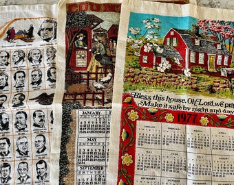 Vintage 1970's and 1980's woven linen dish towels, each in excellent condition, no wear or fading, US Presidents, County Fair, Bless House.