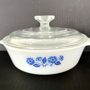 Vintage Anchor Hocking Fire-King cornflower 1 quart casserole with clear glass lid and handles; 7.5&quot; in diameter w/o handles.