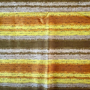 34.5&quot; wide x 1.5 yards long vintage light-weight cotton fabric in burnt orange, yellow, brown and taupe-pink stripes----groovy!!Ret