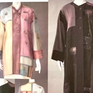 May include: Two long coats are displayed. The coat on the left is a patchwork design in pastel colors, including pink, yellow, and blue. The coat on the right is a dark, solid color with a contrasting panel on the shoulder and decorative patches.