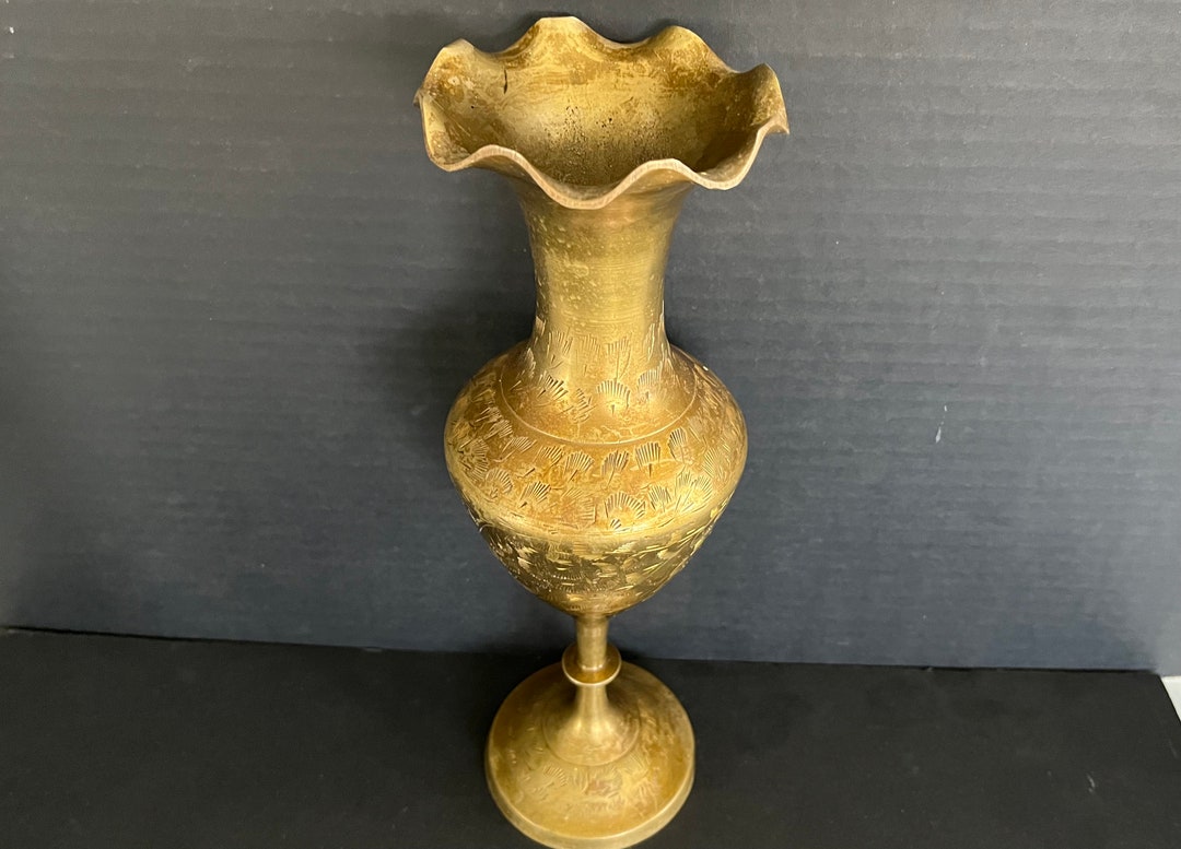 Vintage Solid Brass Tall Vase With Fluted Rim, Urnshaped Body, Shaped