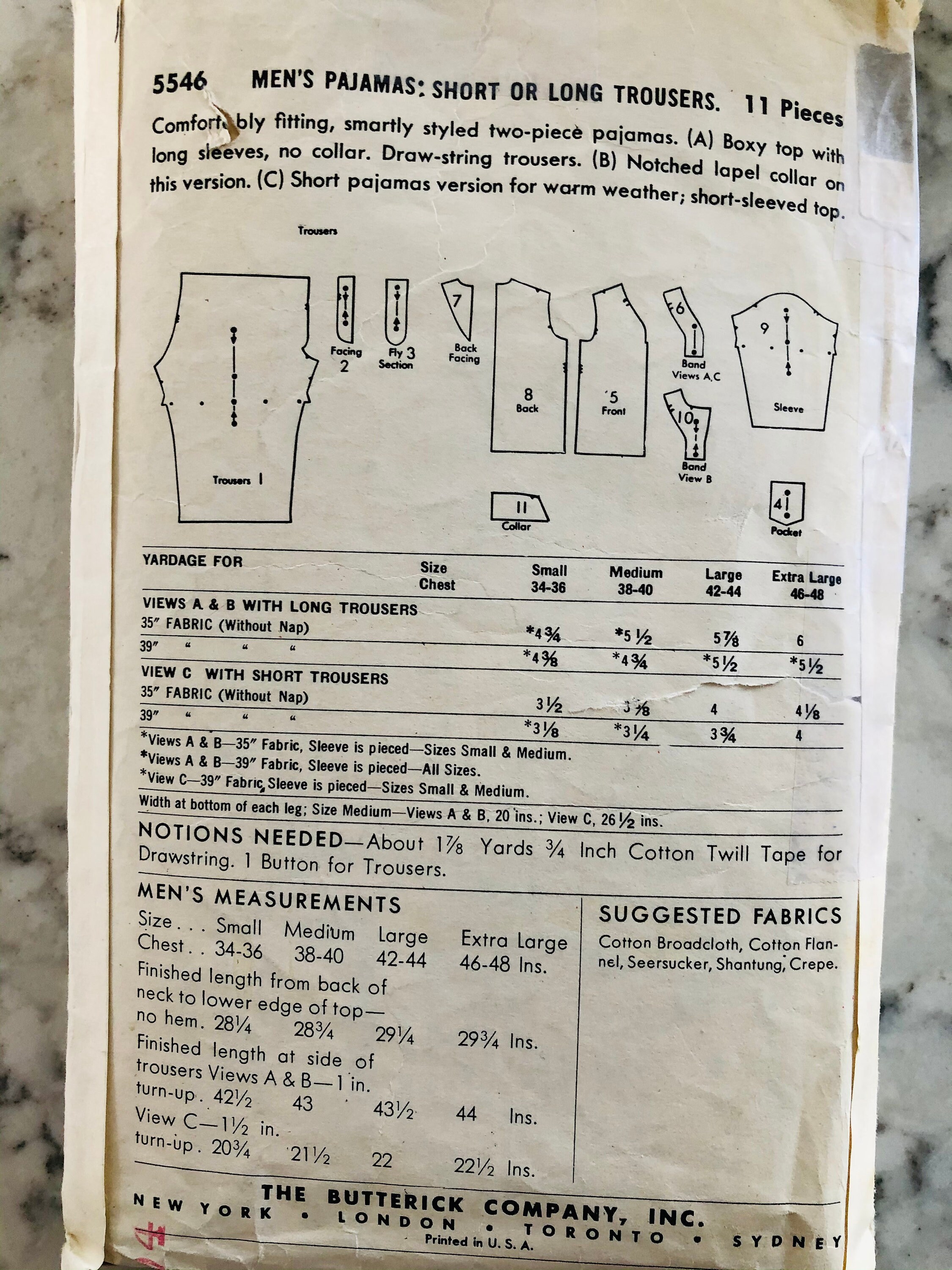 Complete 1950's Butterick 5546 Men's Two-piece Pajamas With