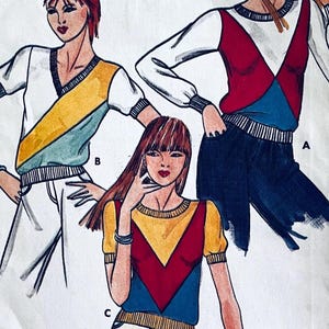 May include: A sewing pattern illustration featuring three variations of a colour-blocked top. Design A shows a long-sleeved top with red and blue panels. Design B features a short-sleeved top with a yellow diagonal stripe. Design C displays a short-sleeved top with a yellow and red chevron pattern.