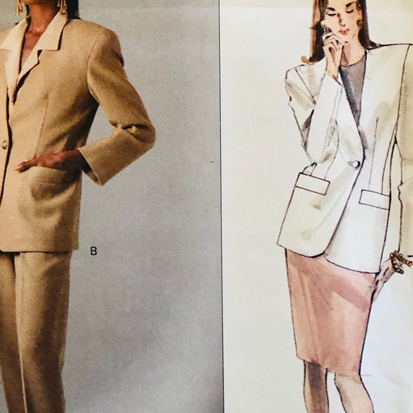 UNCUT 1990 Vogue 2544 American Designer Anne Klein lined, below hip jacket, lined straight skirt, slightly tapered pants, sizes 12, 14, 16