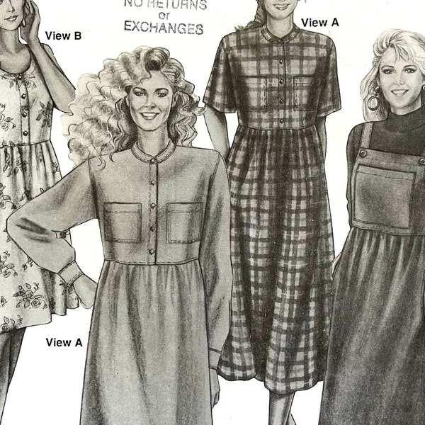 UNCUT or complete 1995 Stretch & Sew 1526 misses' button-front bodice dress with full skirt or bib front jumper; bust sizes 30" to 46".