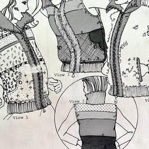 May include: A black and white line drawing illustration of a sleeveless vest design. The image displays three variations labeled View 1, View 2, and View 3, showing different fabric patterns, textures, zipper closures, and ribbed hem details.