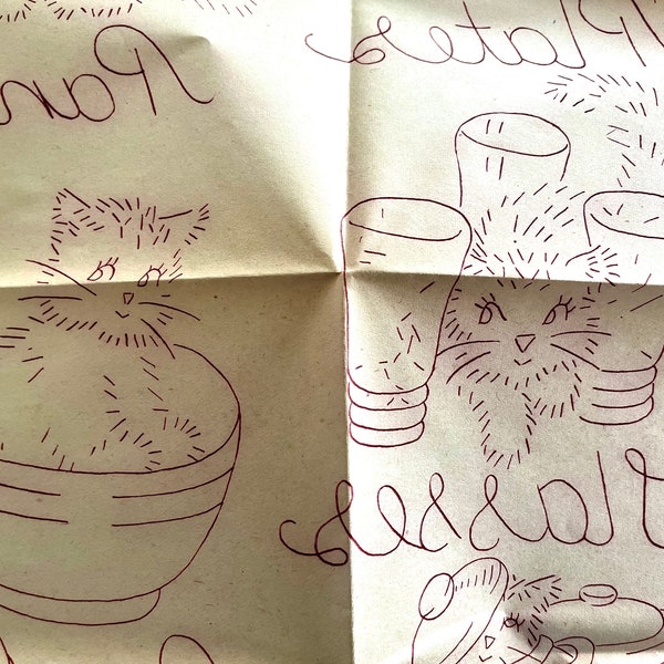 UNCUT vintage hot iron embroidery transfer pattern 9786, kittens in kitchen bowls, pans, cat pot holder, tea towel embroidery.