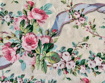 Vintage French chintz fabric shabby chic green floral rose design UNUSED bolt 