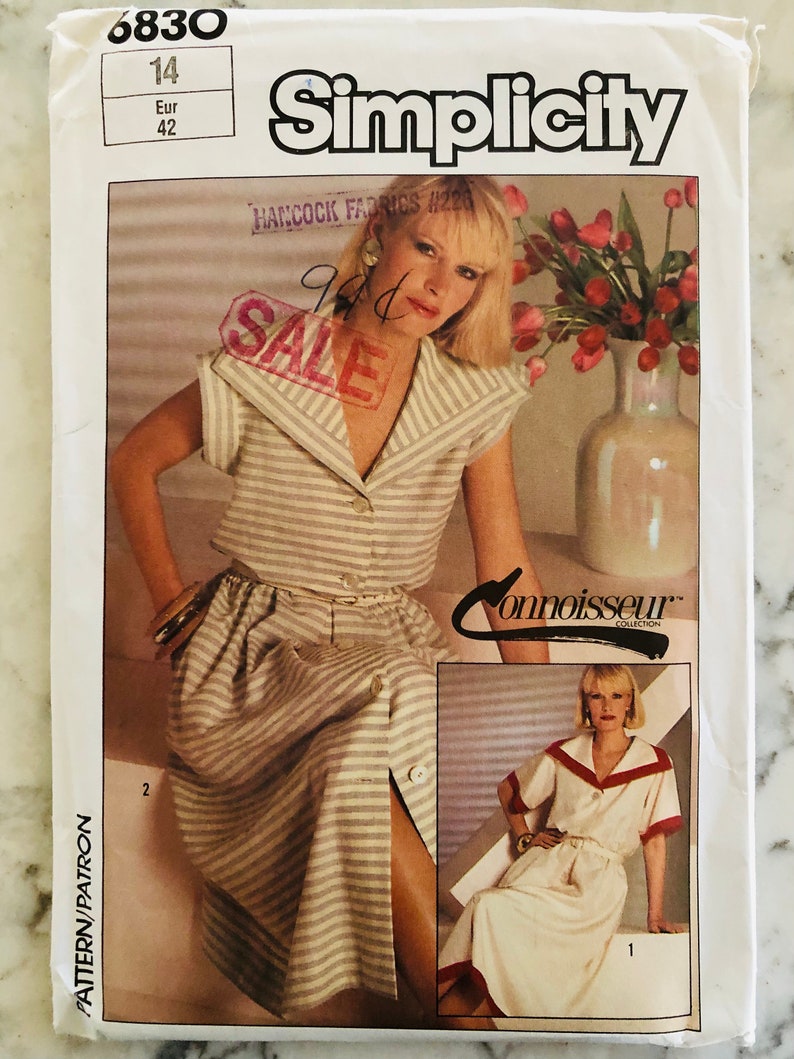 size 14 UNCUT 1985 Simplicity 6830 misses/' Connoisseur pullover dress with fantastic collar bust 36 front buttons sleeve options
