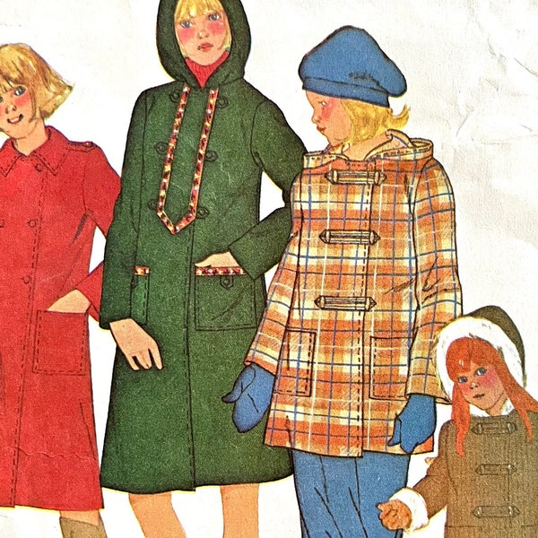UNCUT 1978 McCall's 6284 girl's or toddler's lined, hooded or collared winter coat in two lengths, optional shoulder tabs; size 4, chest 23"