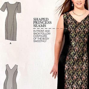May include: A sewing pattern for a sleeveless dress featuring a V-neckline and a central panel with a floral pattern in shades of pink, green, and gold on a black background. The sides are solid black. Text reads: SHAPED PRINCESS SEAMS IN FRONT AND BACK FOLLOW CONTOURS OF THE BODY SMOOTHLY.